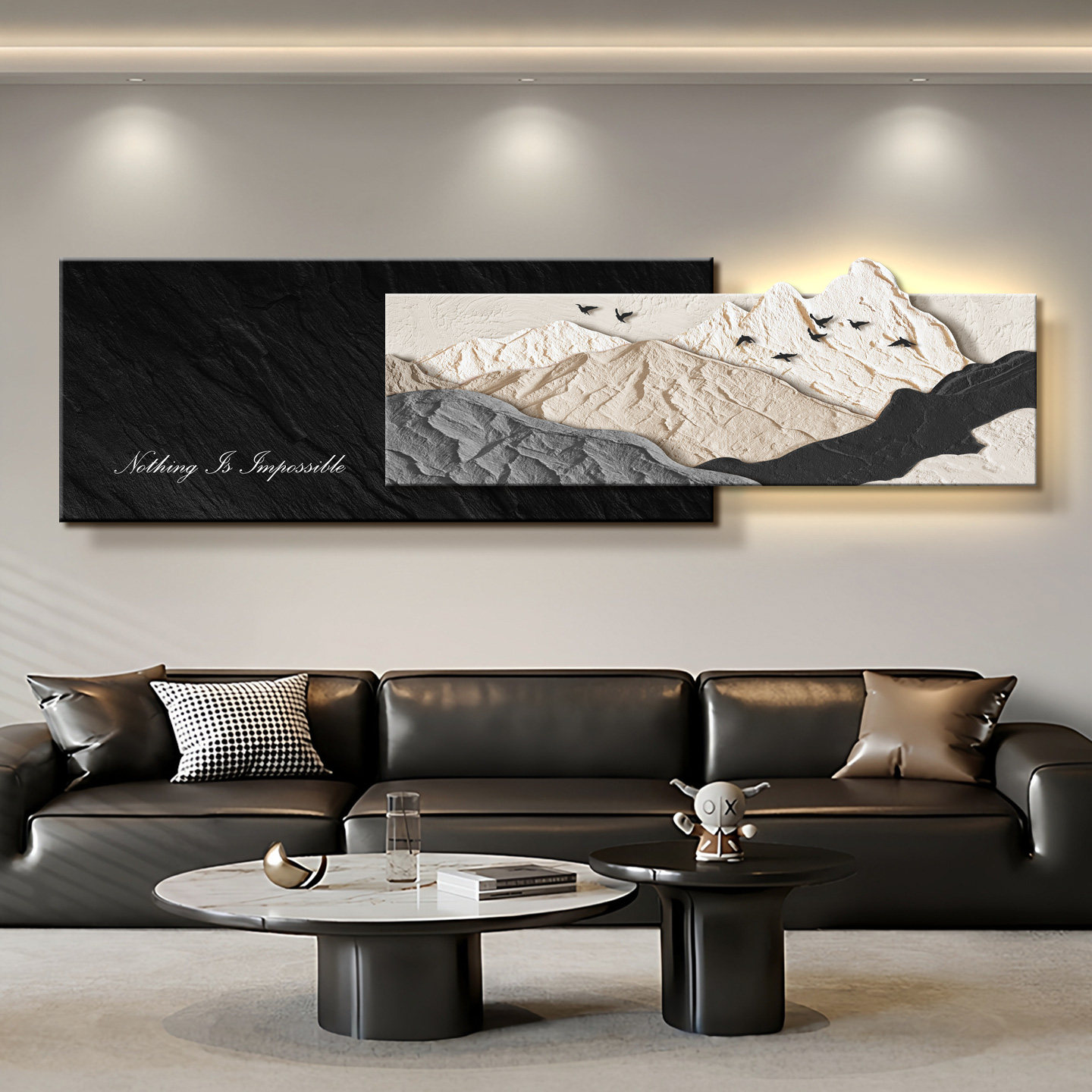 背有靠山立体客厅装饰画高级感沙发背景墙山水挂画大白墙壁画带灯