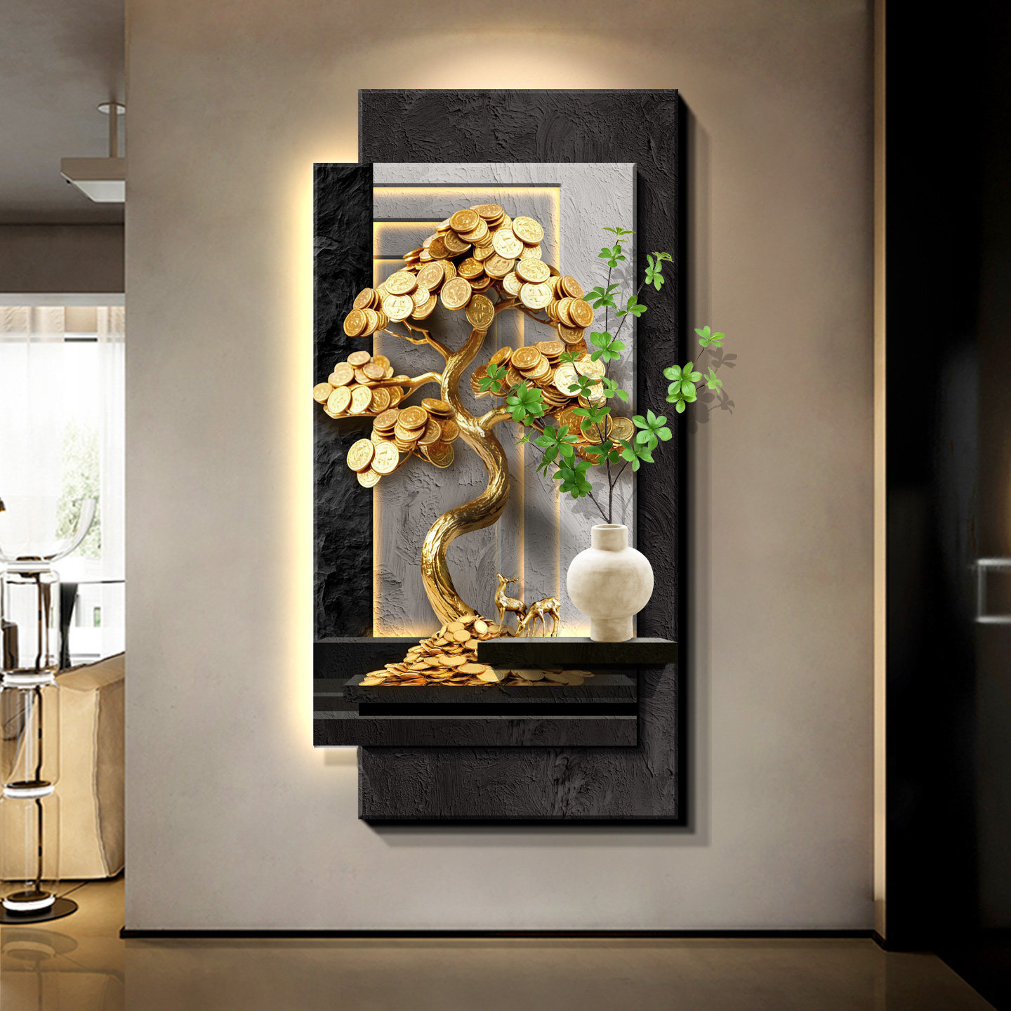 黄金发财树玄关装饰画轻奢走廊过道壁画灯寓意好入户进门绿植挂画