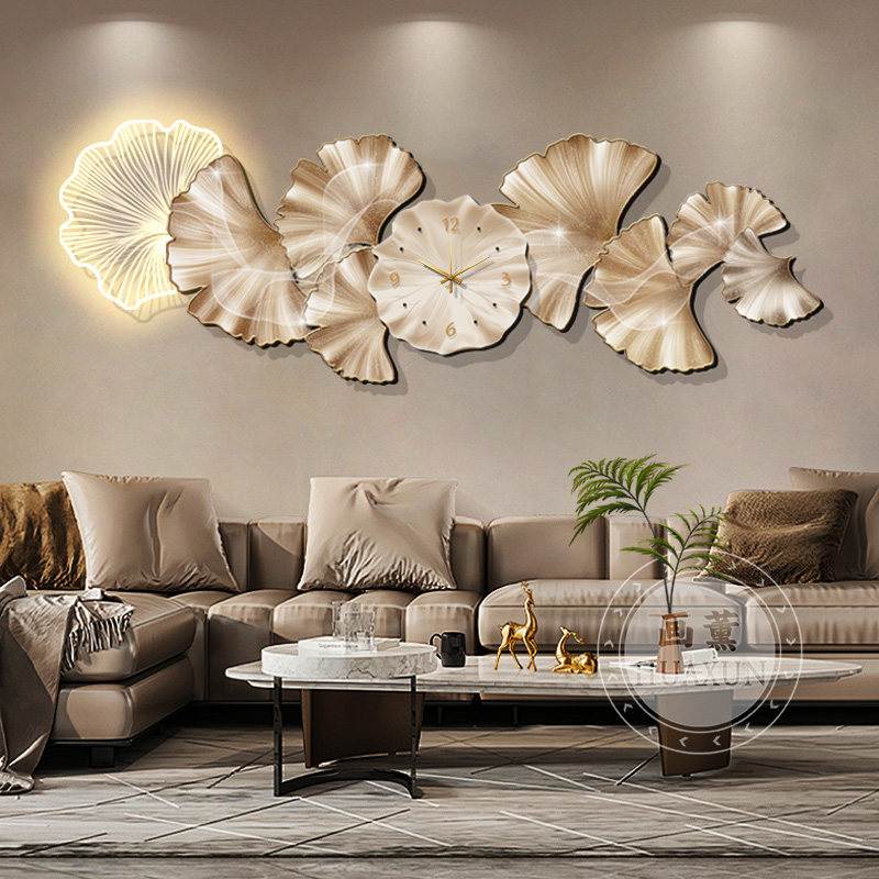 轻奢钟表挂钟客厅装饰画高级感沙发背景墙面创意壁灯画银杏叶挂画,家居饰品,现代装饰画,淘宝优惠券,粉丝福利购,淘宝优惠卷