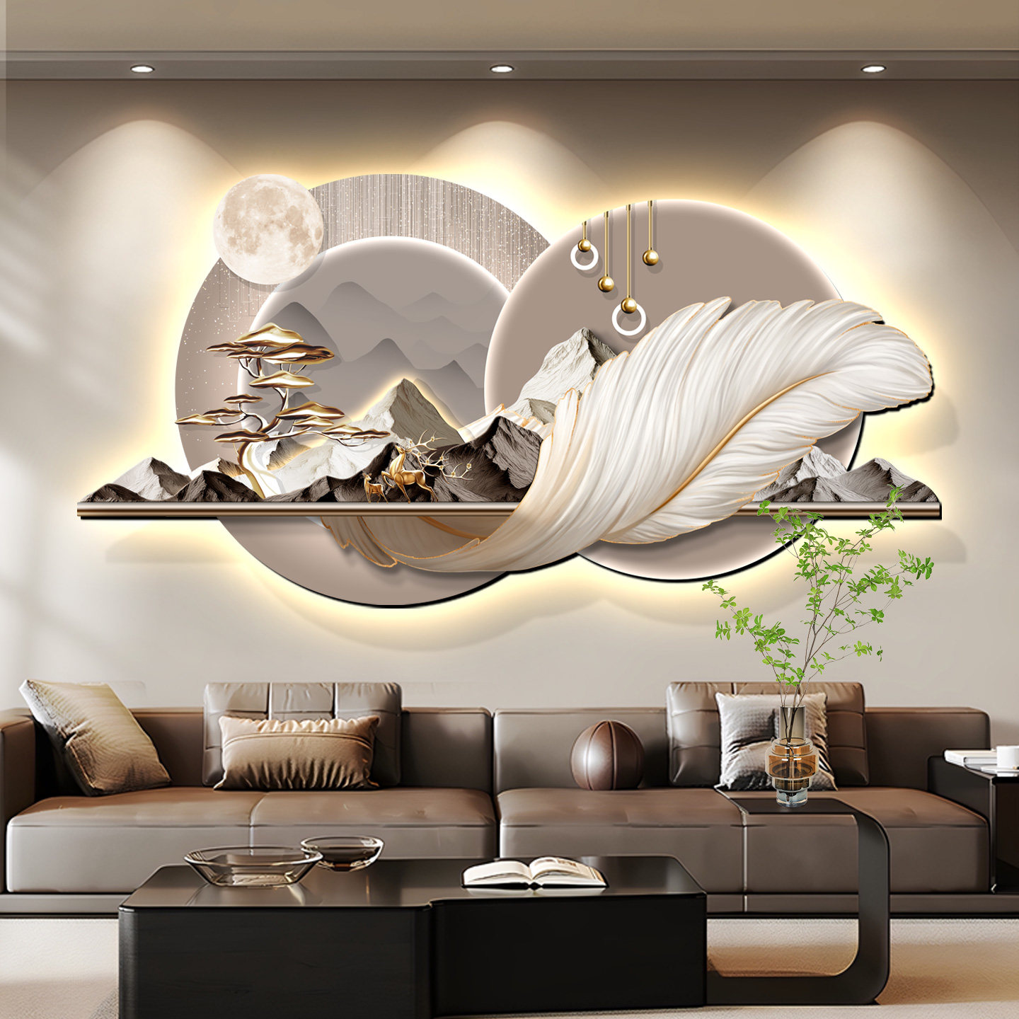 现代轻奢背有靠山羽毛客厅装饰画沙发背景墙壁画高级感发光灯挂画,家居饰品,现代装饰画,淘宝优惠券,粉丝福利购,淘宝优惠卷