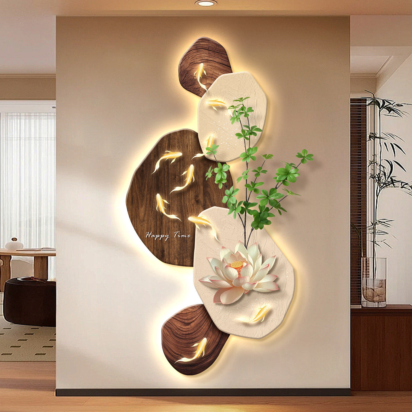 中古风荷花九鱼图玄关装饰画入户正对门走廊过道挂画客厅墙壁灯画