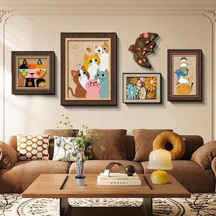 中古风趣味猫咪客厅沙发背景墙装饰画组合壁画卡通法式多巴胺挂画