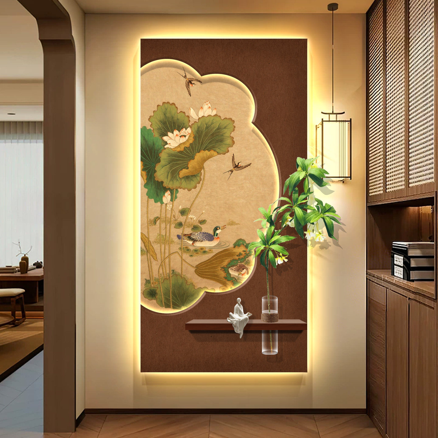 新中式荷花玄关装饰画入户走廊带灯挂画侘寂风客厅茶室背景墙壁画