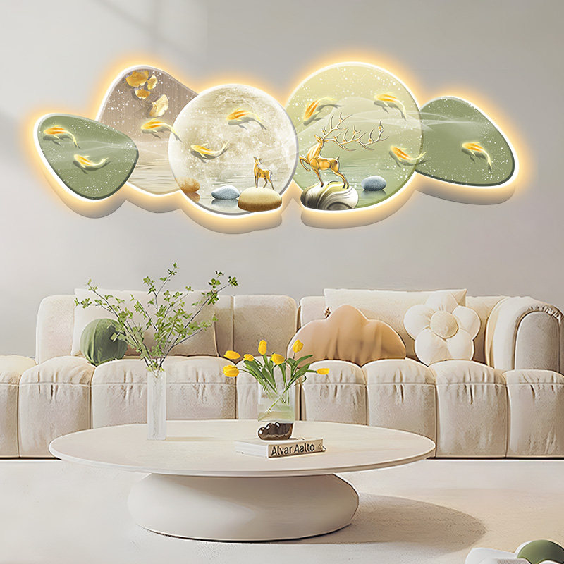 现代轻奢福鹿九鱼图客厅装饰画高级感壁灯画寓意好沙发背景墙挂画,家居饰品,现代装饰画,淘宝优惠券,粉丝福利购,淘宝优惠卷