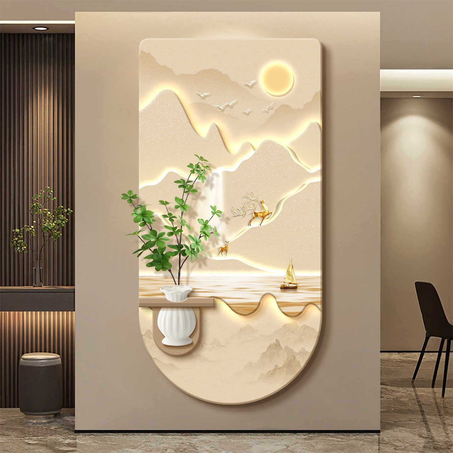 日照金山玄关装饰画入户正对门山水壁灯画高级感客厅走廊过道挂画