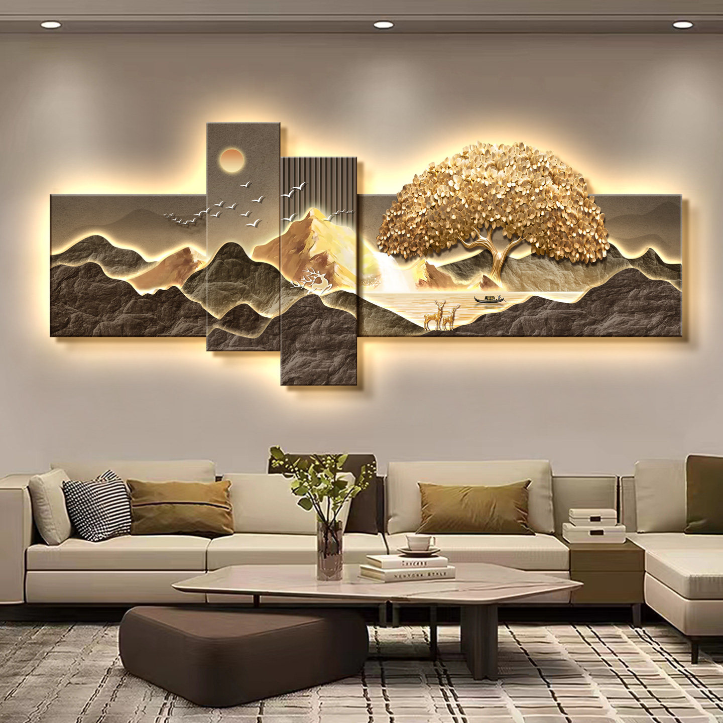 现代轻奢客厅装饰画高档发财树大气沙发背景墙挂画背有靠山壁灯画