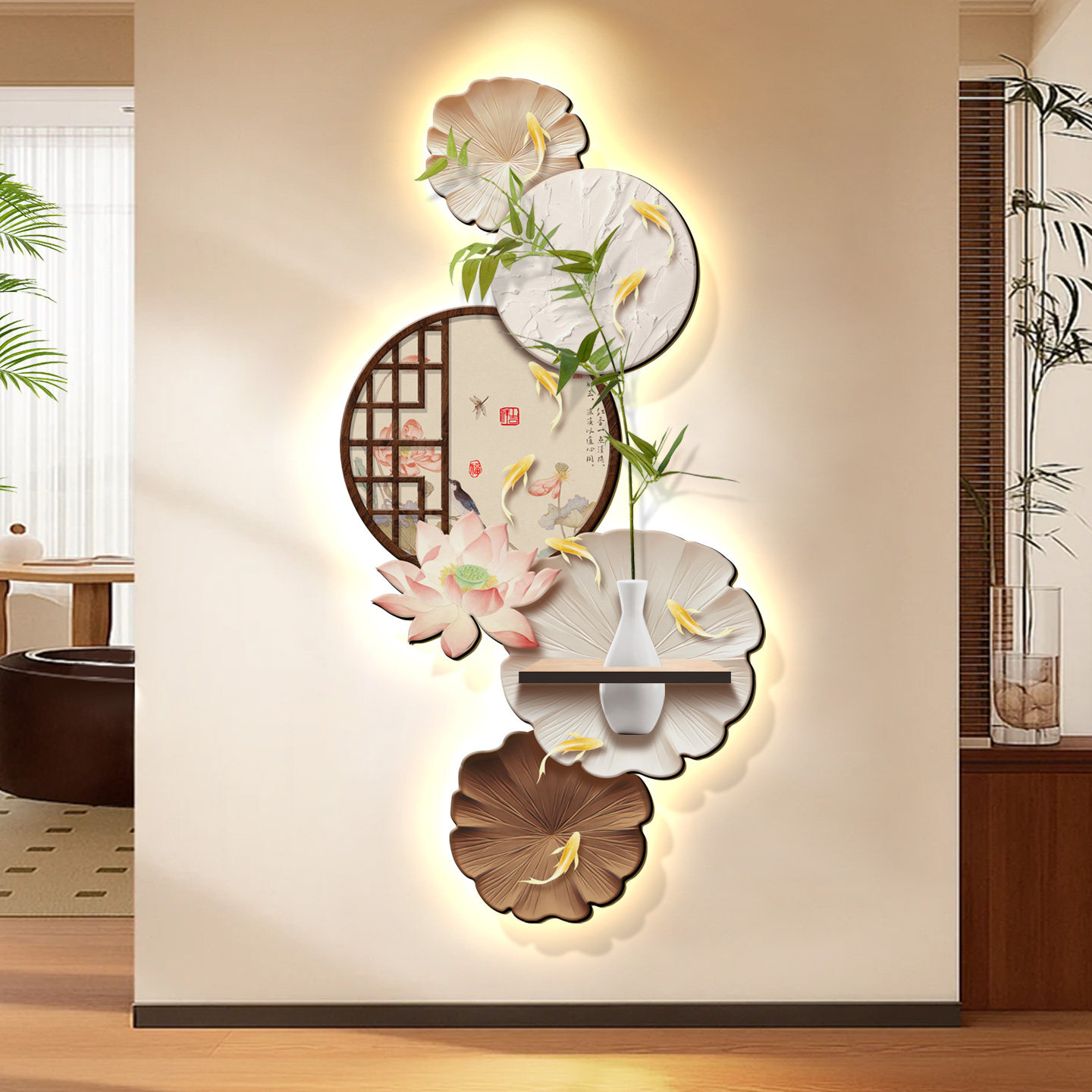 现代轻奢玄关装饰画新款荷花九鱼挂画入户进门走廊过道餐厅壁灯画,家居饰品,现代装饰画,淘宝优惠券,粉丝福利购,淘宝优惠卷