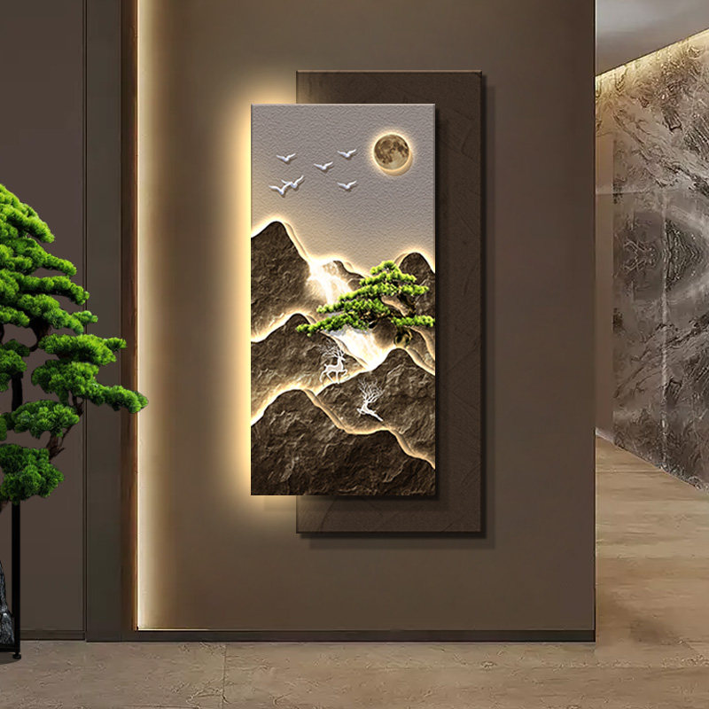 流水生财玄关装饰画轻奢高级感山水画入户门走廊过道挂画背有靠山