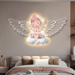 卧室背景墙面装饰画卡通儿童房床头带灯挂画天使女孩公主房间壁画