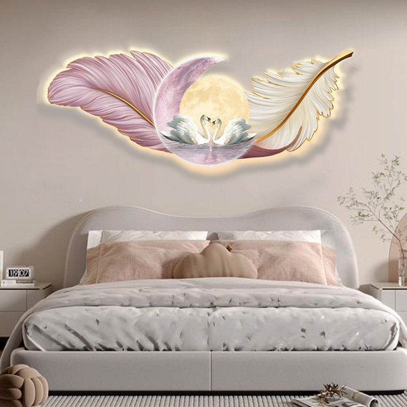 现代简约卧室床头挂画主卧天鹅羽毛装饰画客厅LED发光氛围灯画