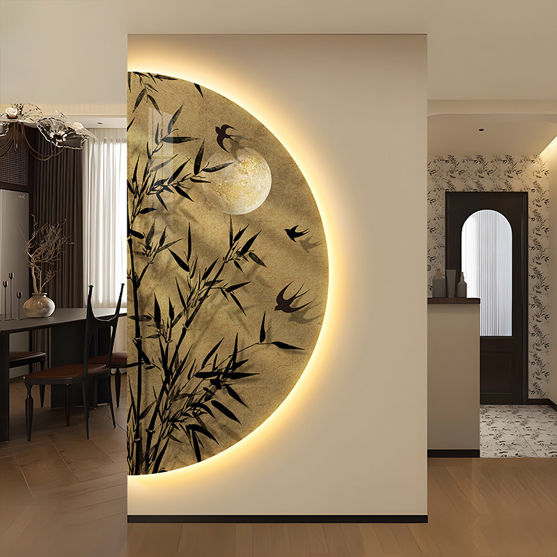 中古风墨竹玄关装饰画走廊过道挂画法式复古入户正对门气氛灯壁画