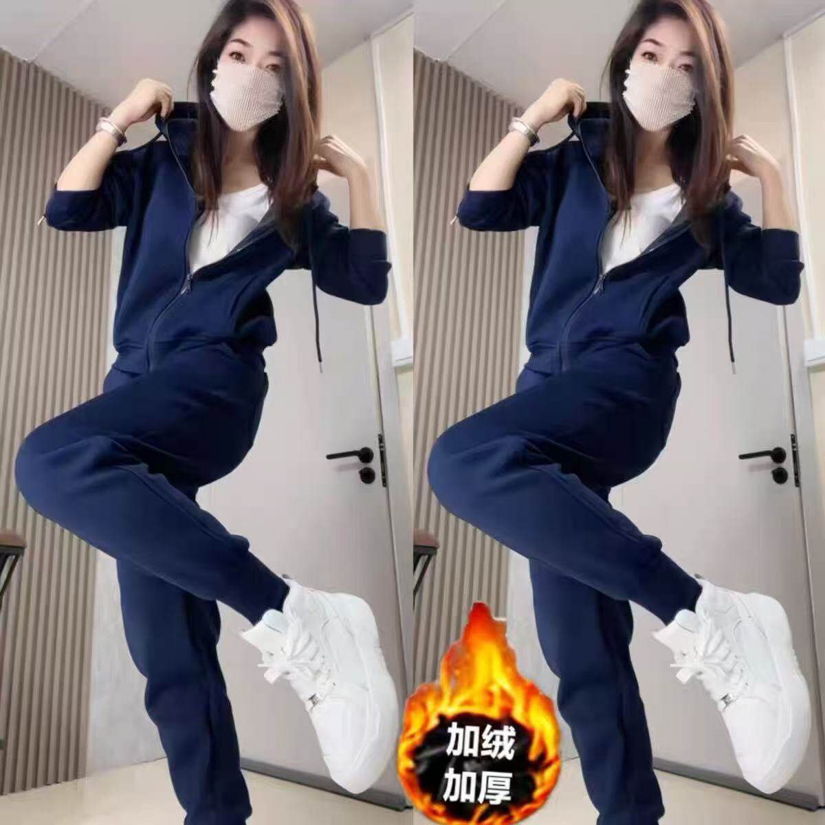 休闲运动套装女2025秋季新款时尚洋气百搭纯色连帽开衫外套束脚裤
