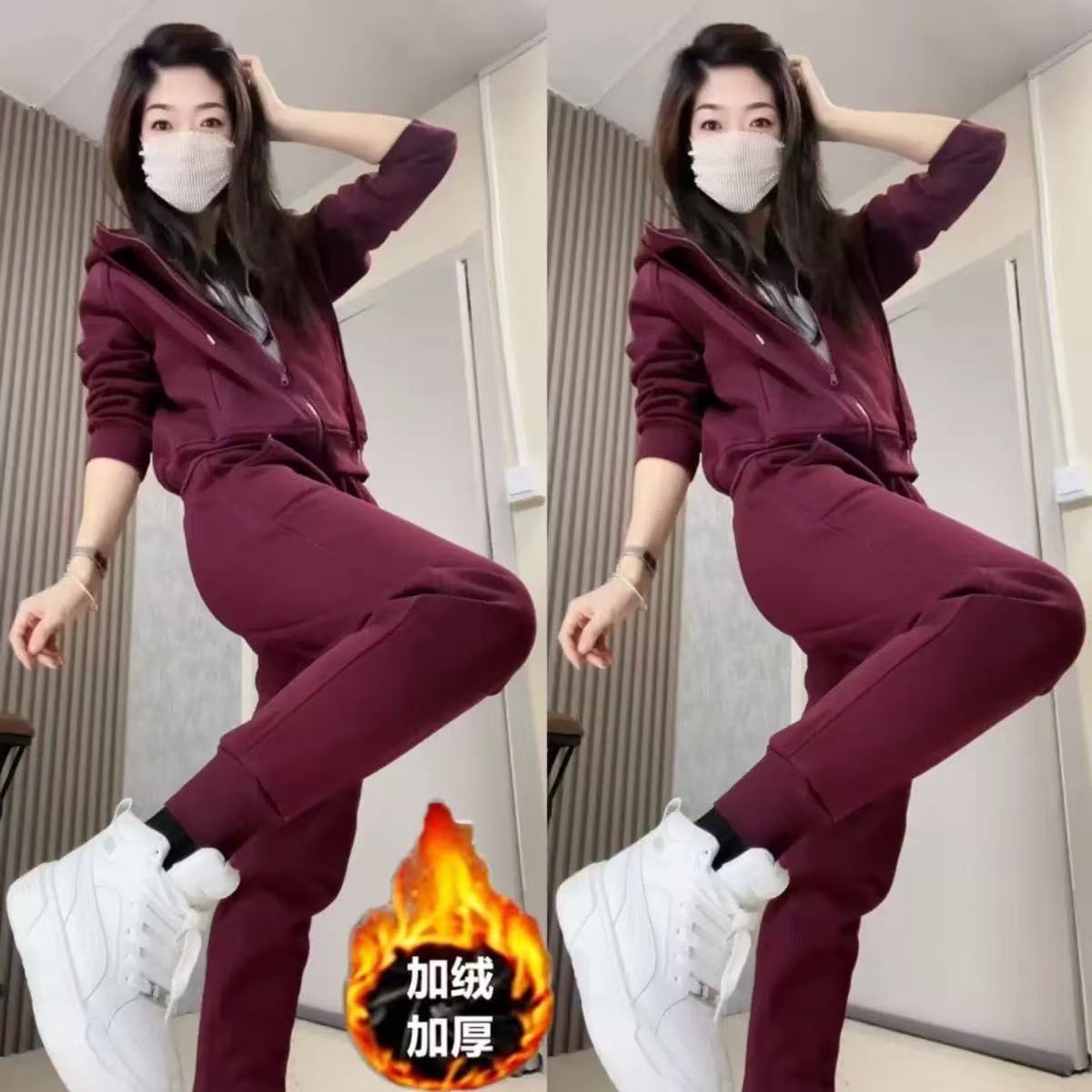 2025秋冬新款休闲运动服套装女连帽显瘦卫衣外套直筒阔腿裤两件套