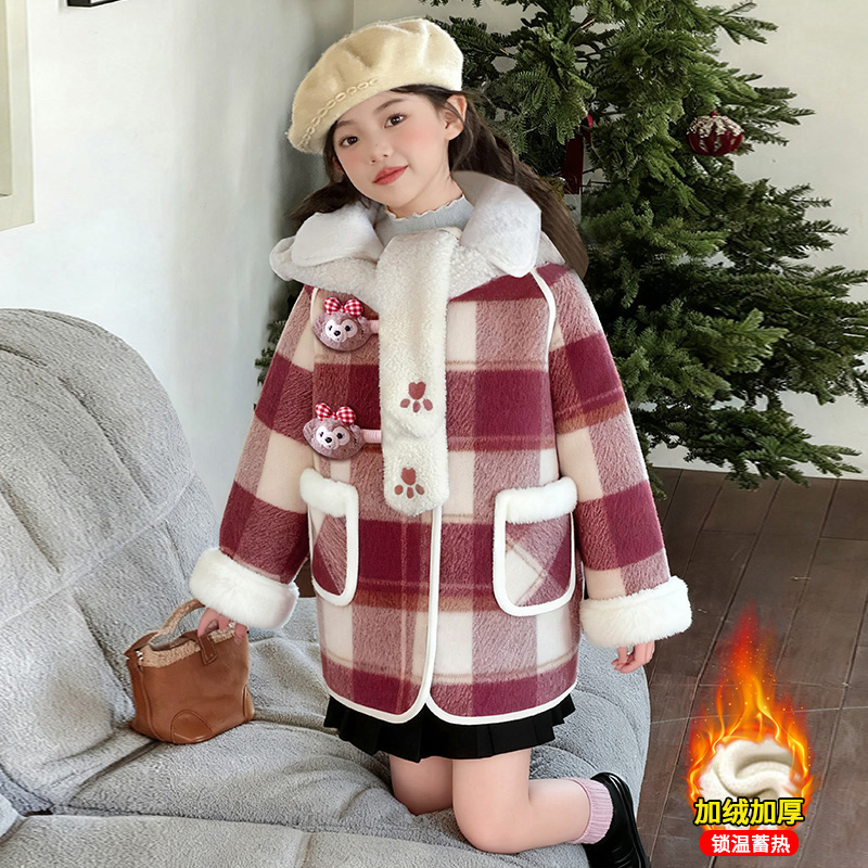 女童冬装格子毛呢大衣2025新款儿童中长款加厚保暖洋气冬季外套潮