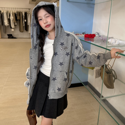 韩系女童甜美连帽外套2026秋季新款中大童运动上衣女孩秋装夹克潮
