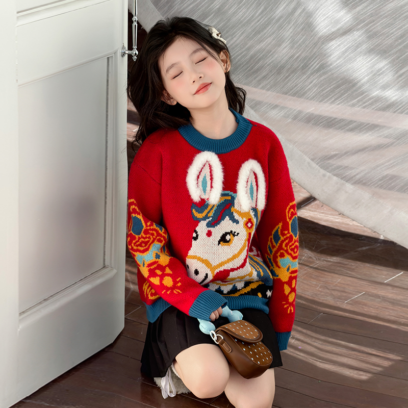 女童中国风卡通毛衣冬装2025新款儿童新年拜年服针织衫女孩毛线衣