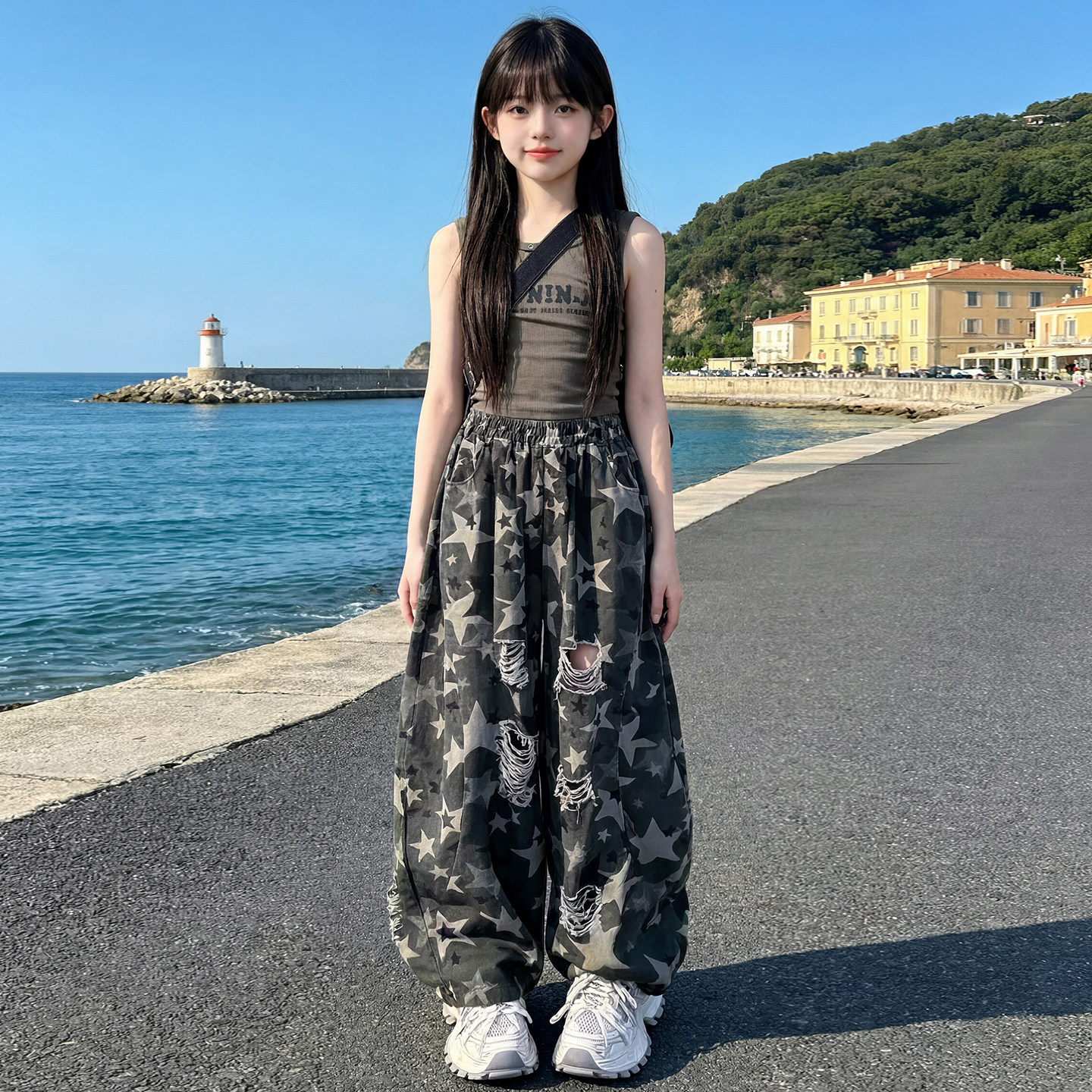 韩系女童时尚背心套装2026夏季新款儿童夏季薄款迷彩破洞裤两件套