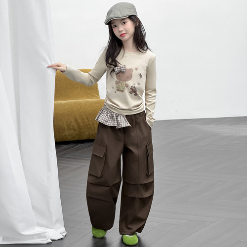 韩系女童卡通长袖打底衫套装2026春秋新款洋气儿童格子屁帘工装裤