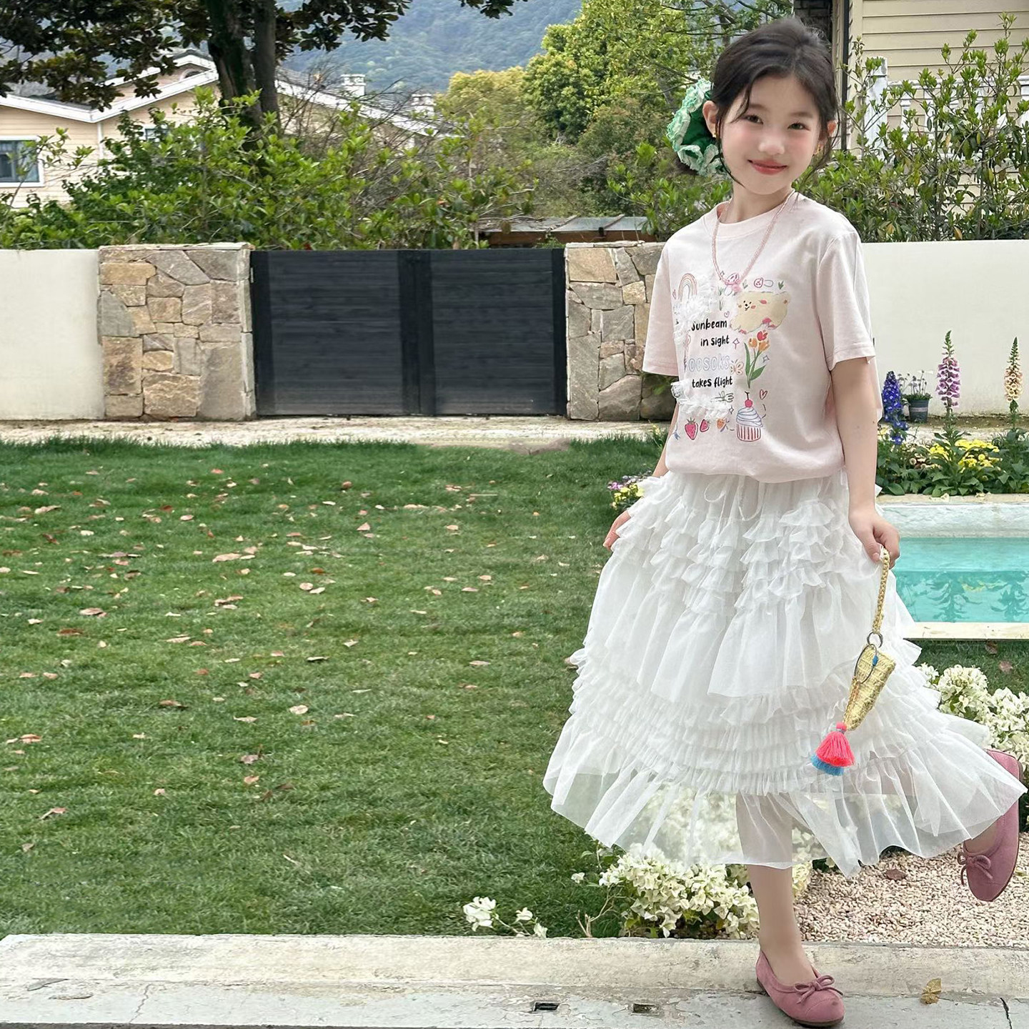 甜美夏日女童套装2026新儿童粉色短袖T恤夏季重工蕾丝蛋糕半身裙