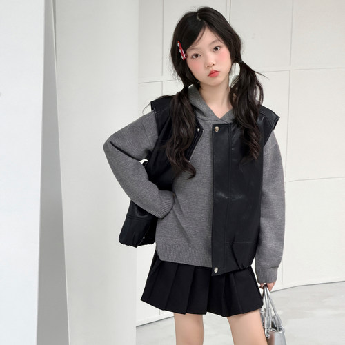 韩系女童皮马甲春秋2026新款儿童休闲拉链背心洋气时髦无袖外套潮
