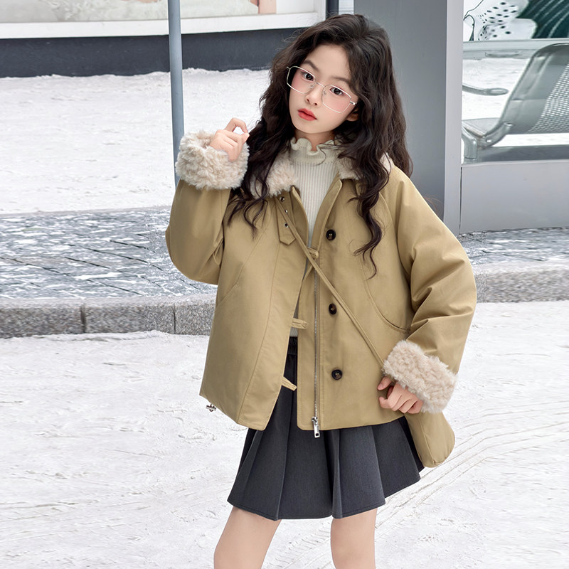 女童韩版羊羔毛翻领派克外套冬装2025新款儿童加厚夹棉工装棉服潮