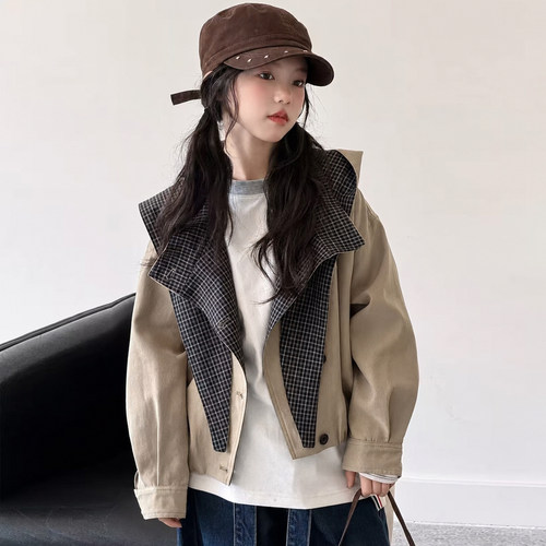 韩系女童超洋气连帽风衣2026秋季新款时尚儿童格子百搭外套秋装潮