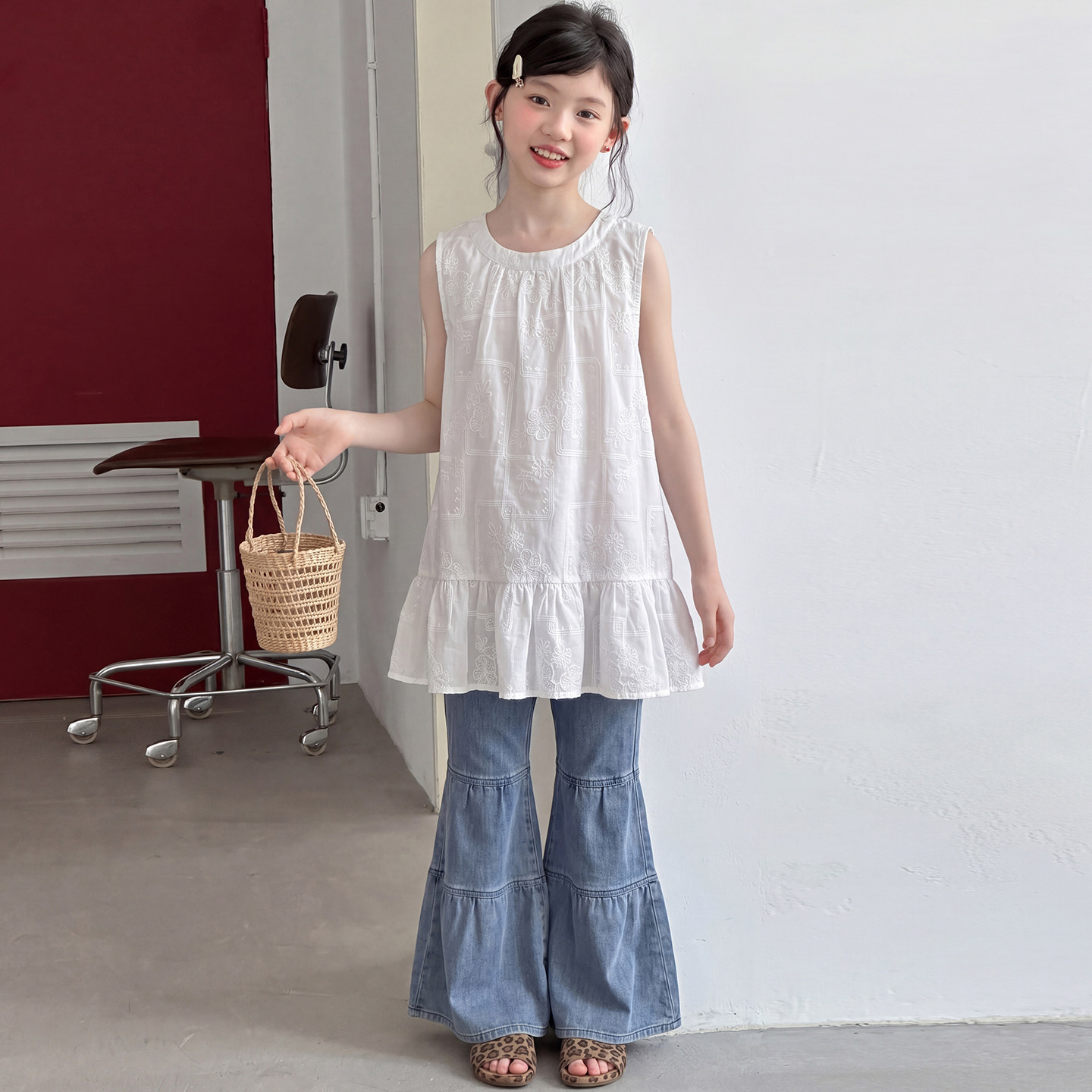 女童甜美套装夏季2025新款高级感无袖T恤小女孩夏装宽松牛仔裤潮