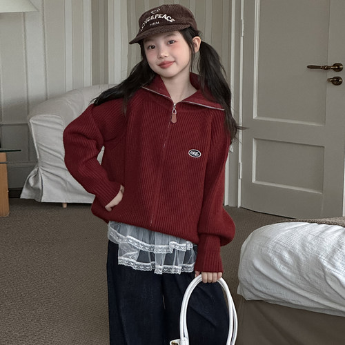 女童毛衣秋冬装2025新款洋气儿童安哥拉红针织开衫中大童加厚外套