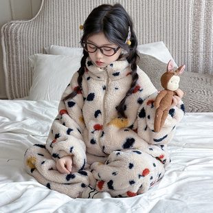 女童珊瑚绒睡衣套装冬季2025新款儿童加厚保暖毛绒家居服洋气冬装