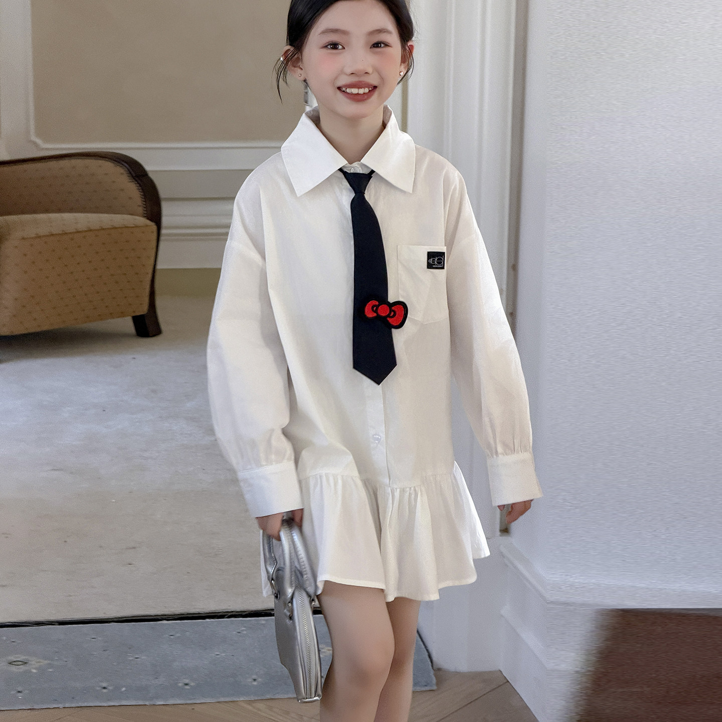女童学院风白色衬衫连衣裙春秋2026新款荷叶边领带中长款A字裙潮