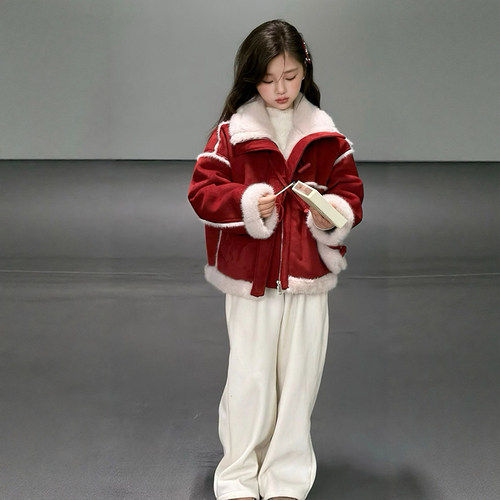 女童冬装加厚外套2026新款儿童加绒翻领红色仿皮草超好看冬季夹克