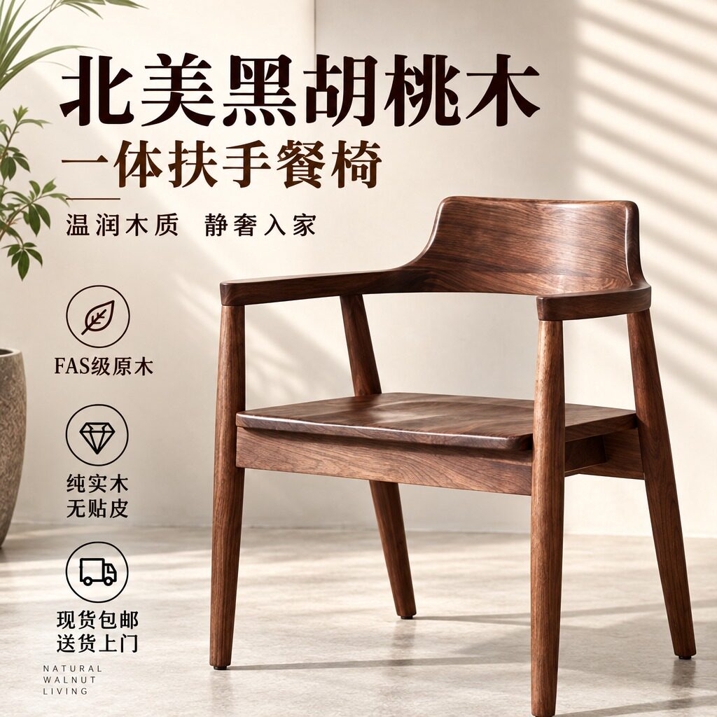 北欧简约广岛椅北美黑胡桃木现代家用原木榫卯实木家用餐椅休闲椅