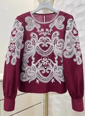 延奈儿  法式绿色刺绣套头衬衫立体绣花上衣安可拉红2025春夏新款