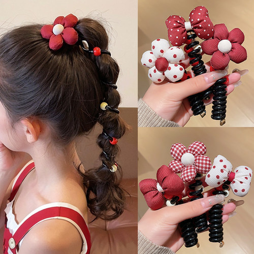 红色花朵电话线发圈泡泡辫头绳