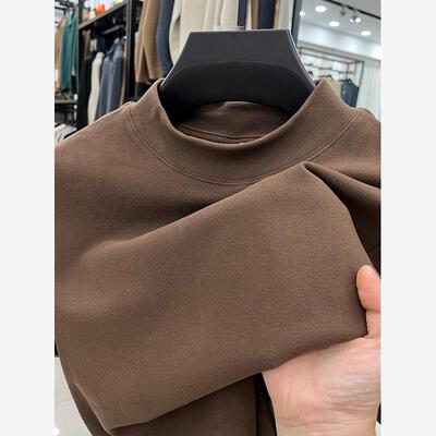 双面德绒半高领短袖T恤男秋冬季加厚保暖内搭磨毛打底衫半袖上衣