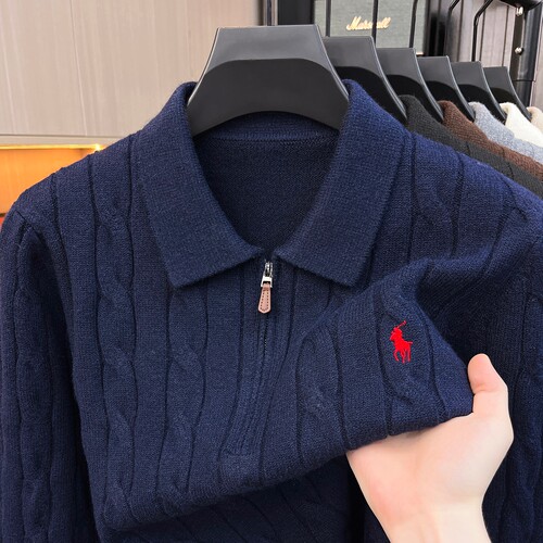 EUSTON PAUL半拉链绞花针织衫男polo领战马刺绣毛衣轻奢毛衣打底