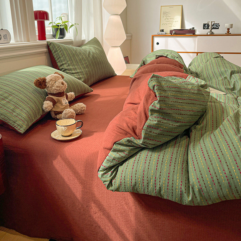 ins提花简约条纹混搭红绿双层纱床上四件套a类被套宿舍床单三件套