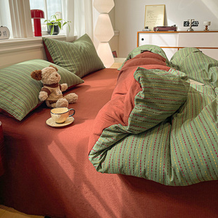 ins提花简约条纹混搭红绿双层纱床上四件套a类被套宿舍床单三件套