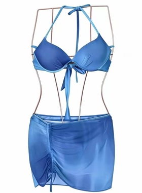 性感度假风蓝色比基尼三件套女分体式绑带显瘦泳衣套装