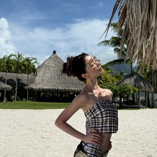 格子抹胸比基尼女三件套性感度假泳衣辣妹风小胸显瘦