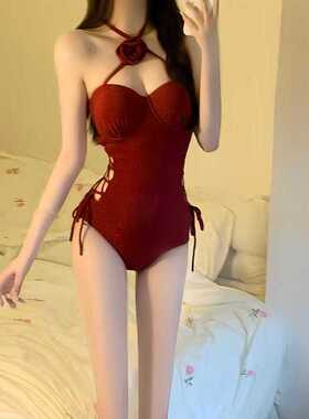 性感风挂脖红色比基尼女聚拢绑带泳衣