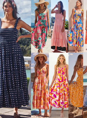 resort suspende r print long  dress 度假款吊带印花长款连衣裙