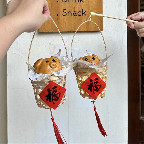 特色猪笼月饼包装竹笼中秋传统经典竹编制品猪笼猪仔饼手提小竹篮