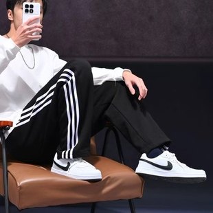 裤 薄款 子毛圈 男直筒宽松加绒加厚棉料休闲束脚长裤 春秋三杠运动裤