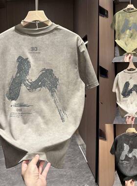 夏季新款水洗扎染字母短袖港风休闲百搭男士insT恤上衣显瘦半袖男