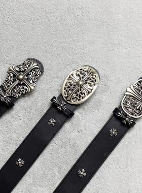 美式金属CH十字架皮带男女暗黑风百搭黑色柳钉腰带牛仔裤装饰裤带