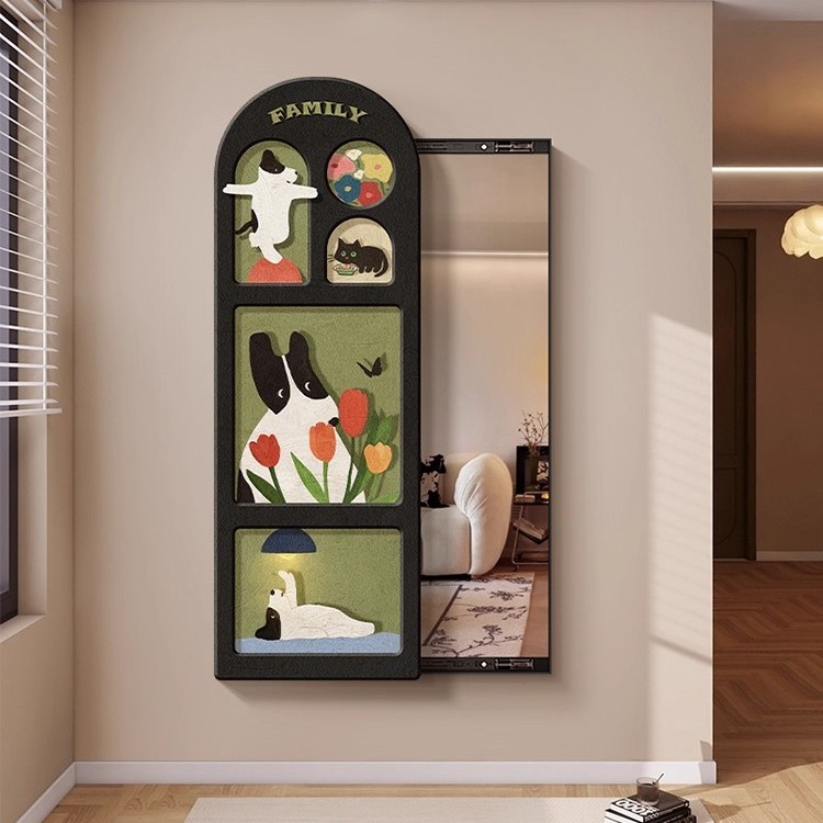 多巴胺复古可推拉隐藏式全身镜装饰画洞洞板隐形试穿衣镜玄关挂画