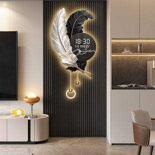 羽毛格栅装饰挂件客厅挂钟万年历电子表挂墙高级轻奢创意时钟壁灯
