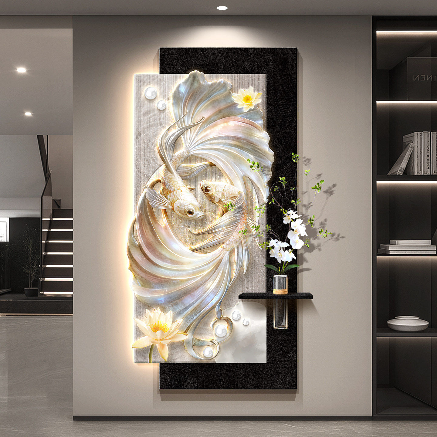 2026新款锦鲤玄关装饰画入户正对门好寓意挂画走廊过道带灯壁画