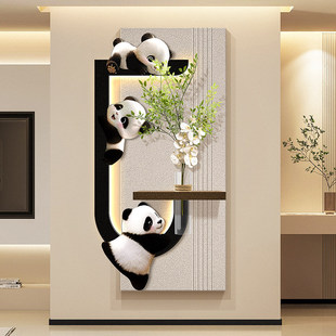 奶油风熊猫玄关装饰画水培绿植走廊过道挂画黑白灰入户砂岩壁画灯